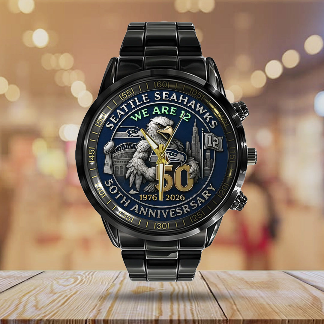 Seattle Seahawks 50th Anniversary 2026 Black Stainless Steel Watch – TANTN16079