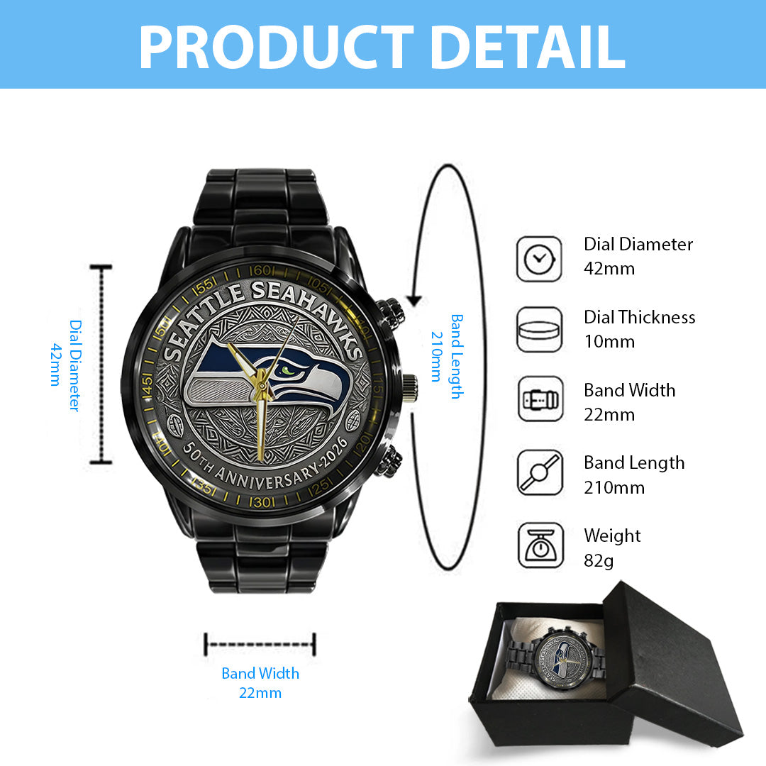 Seattle Seahawks 50th Anniversary 2026 Black Stainless Steel Watch – TANTN16081