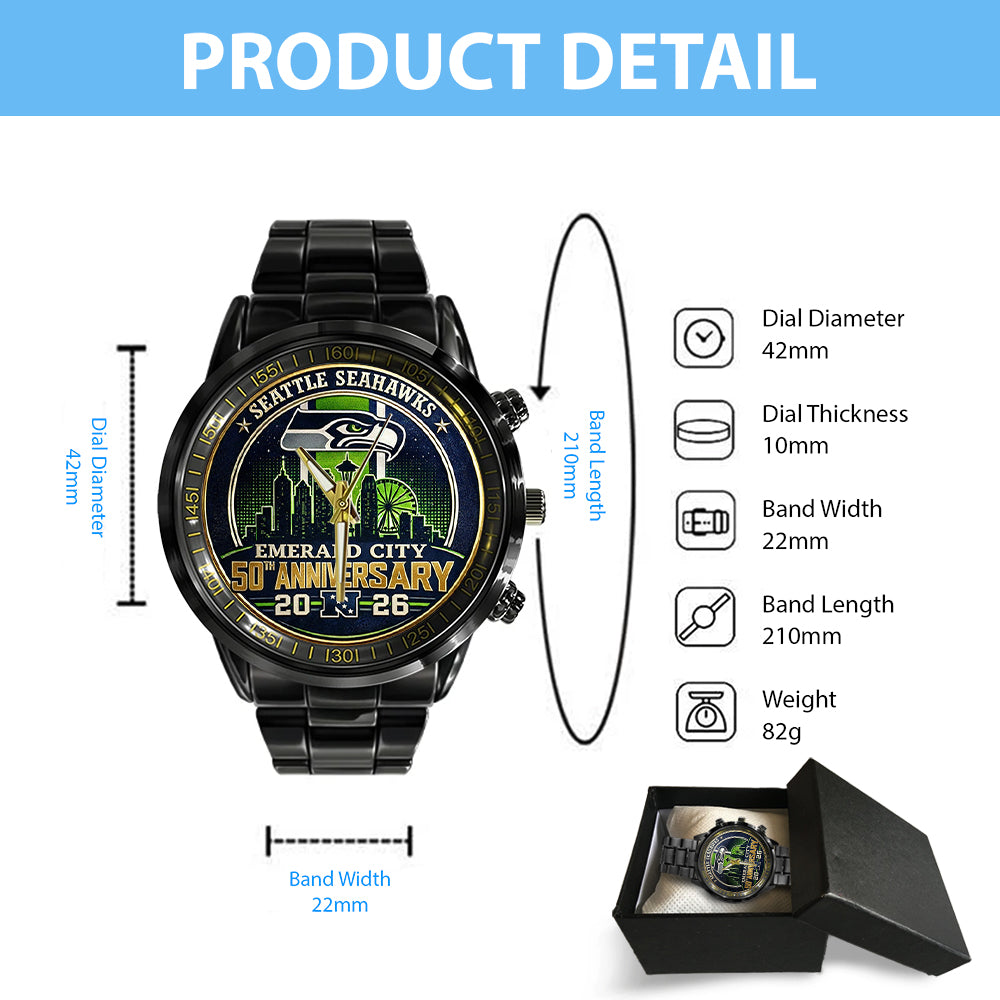 Seattle Seahawks 50th Anniversary Black Stainless Steel Watch – HOATT15730