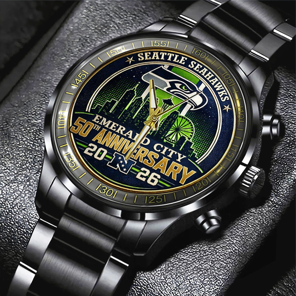 Seattle Seahawks 50th Anniversary Black Stainless Steel Watch – HOATT15730