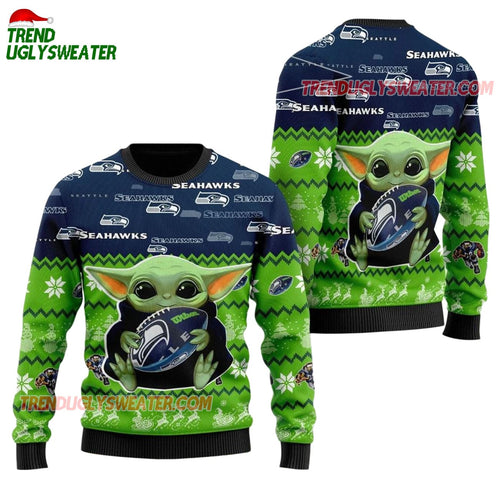Seattle Seahawks Baby Yoda Hug The Ball Christmas Ugly Sweater