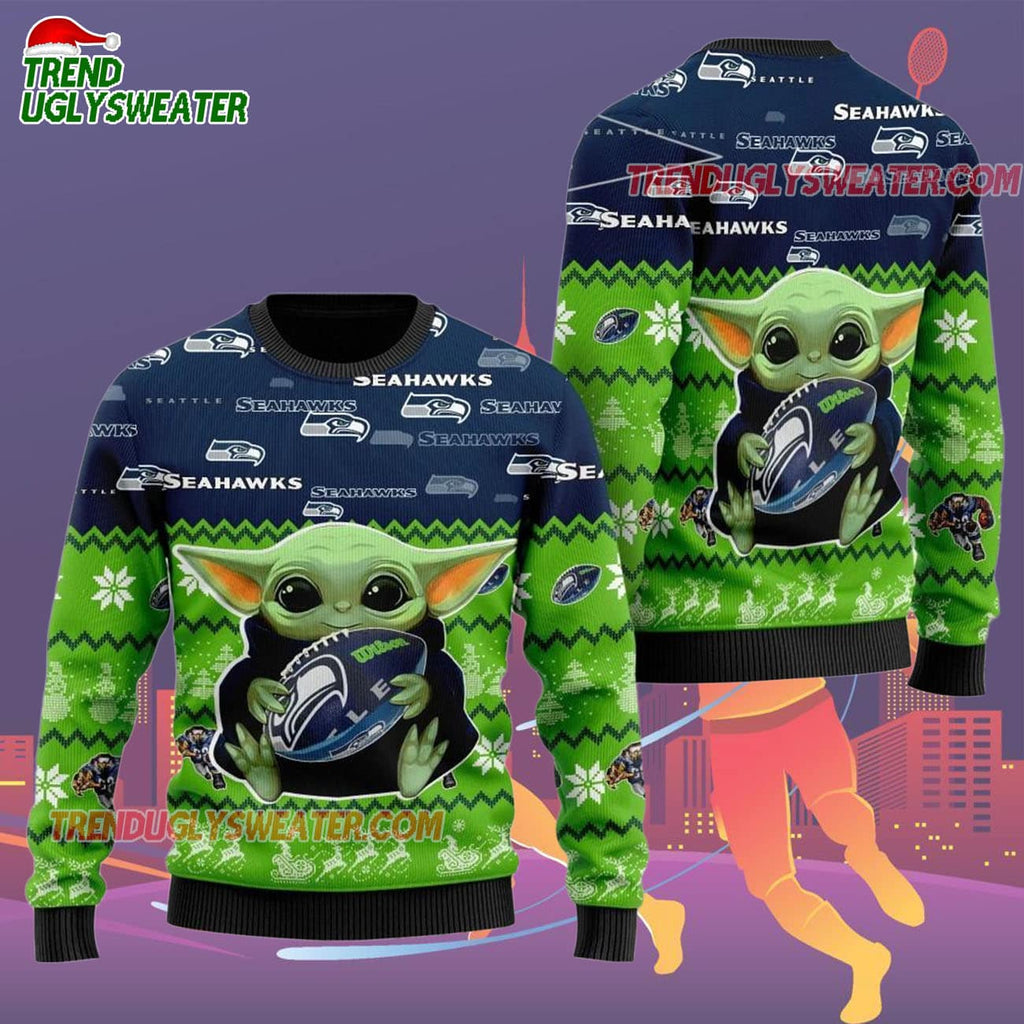 Seattle Seahawks Baby Yoda Hug The Ball Christmas Ugly Sweater