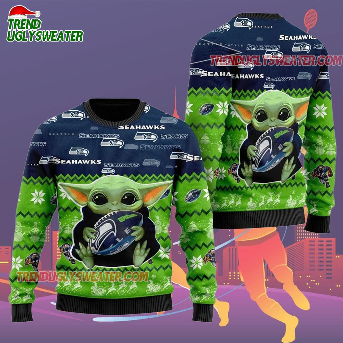 Seattle Seahawks Baby Yoda Hug The Ball Christmas Ugly Sweater