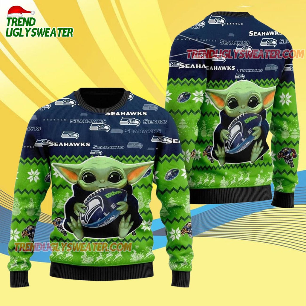 Seattle Seahawks Baby Yoda Hug The Ball Christmas Ugly Sweater