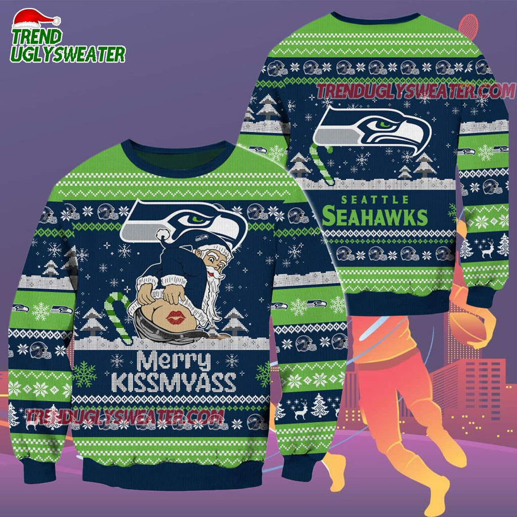 Seattle Seahawks Merrykissmyass Funny Santa Claus Christmas Ugly Sweater