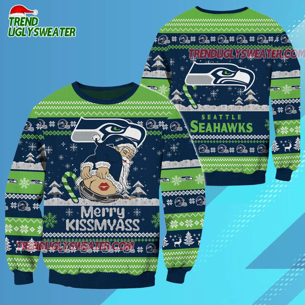Seattle Seahawks Merrykissmyass Funny Santa Claus Christmas Ugly Sweater