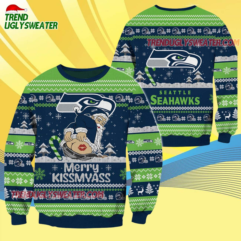 Seattle Seahawks Merrykissmyass Funny Santa Claus Christmas Ugly Sweater