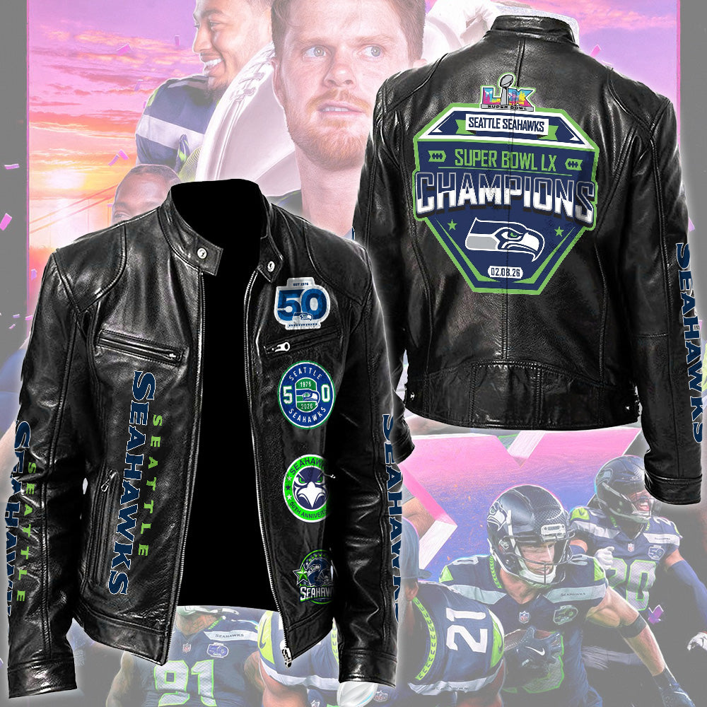 Seattle Seahawks 2025 Super Bowl LX Champions Motorcycle Leather Jacket – TMTHU3876