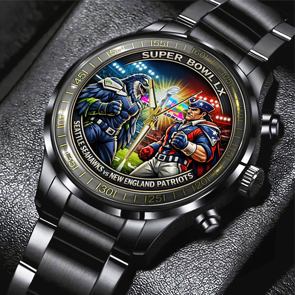 Seattle Seahawks x New England Patriots Super Bowl LX 2025 Black Stainless Steel Watch – TMTHU3473