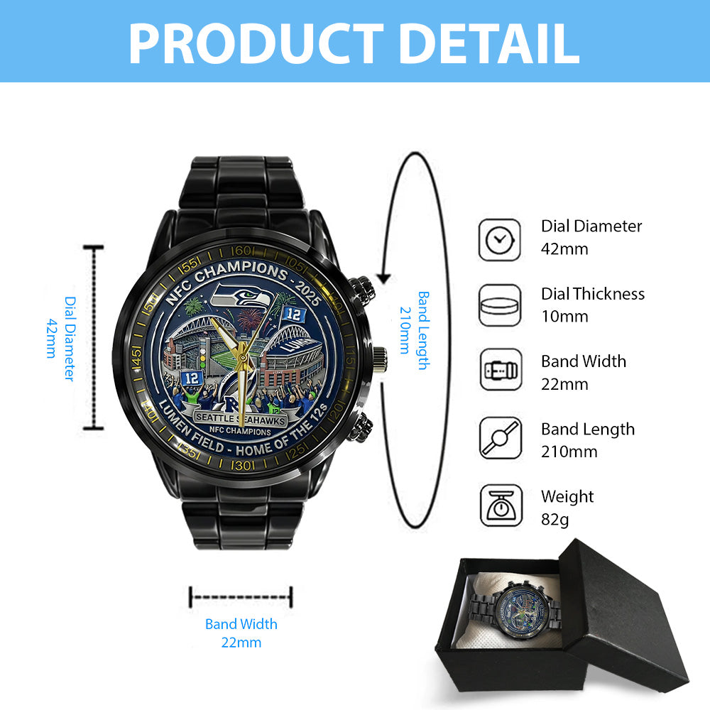 Seattle Seahawks 2025 NFC Champions Black Stainless Steel Watch – TANTN20675