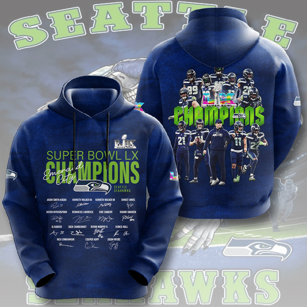 Seattle Seahawks 2025 Super Bowl LX Champions 3D Apparel – TMTHU3904