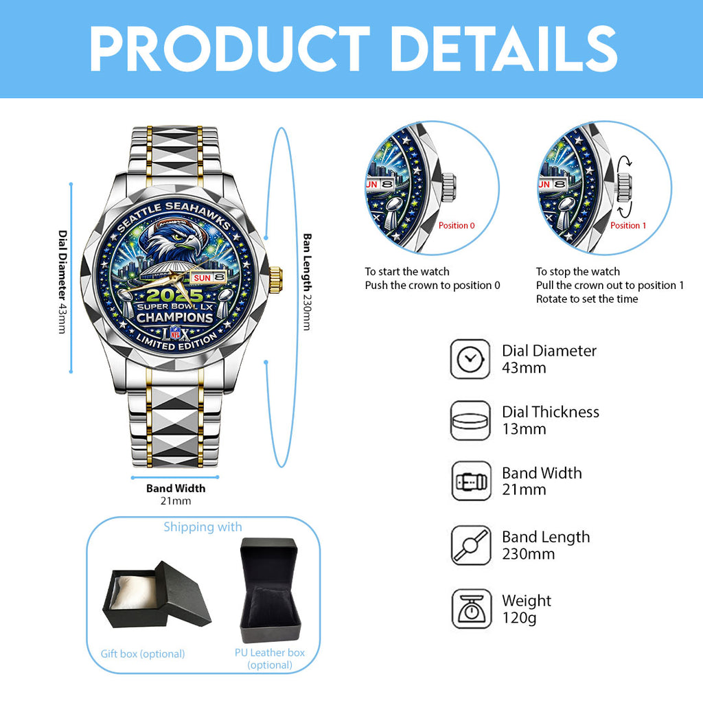 Seattle Seahawks 2025 Super Bowl LX Champions Alloy Luxury Quartz Watch – TMTHU3857