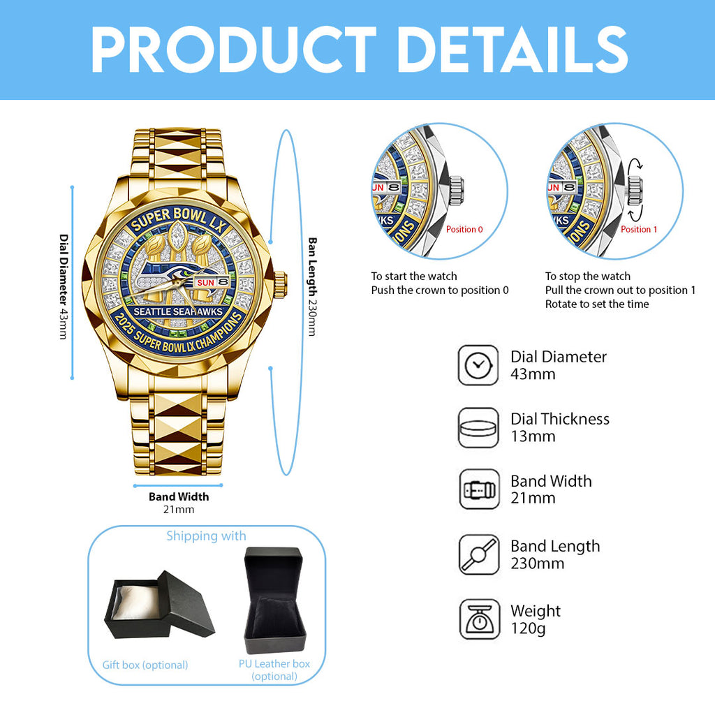 Seattle Seahawks 2025 Super Bowl LX Champions Alloy Luxury Quartz Watch – TMTHU3921
