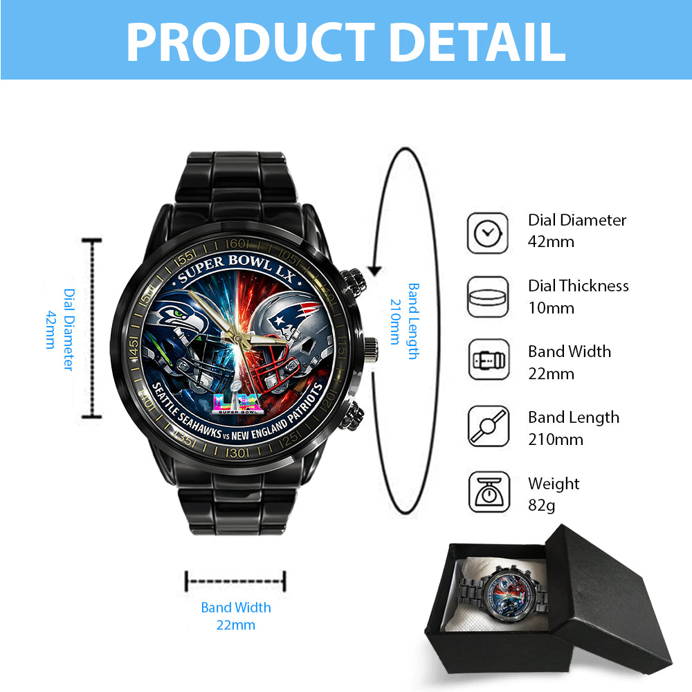 Seattle Seahawks x New England Patriots Super Bowl LX 2025 Black Stainless Steel Watch – TMTHU3472
