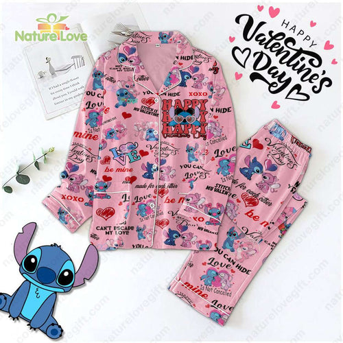 Stitch And Angle Valentine Day Pink Pajamas Set