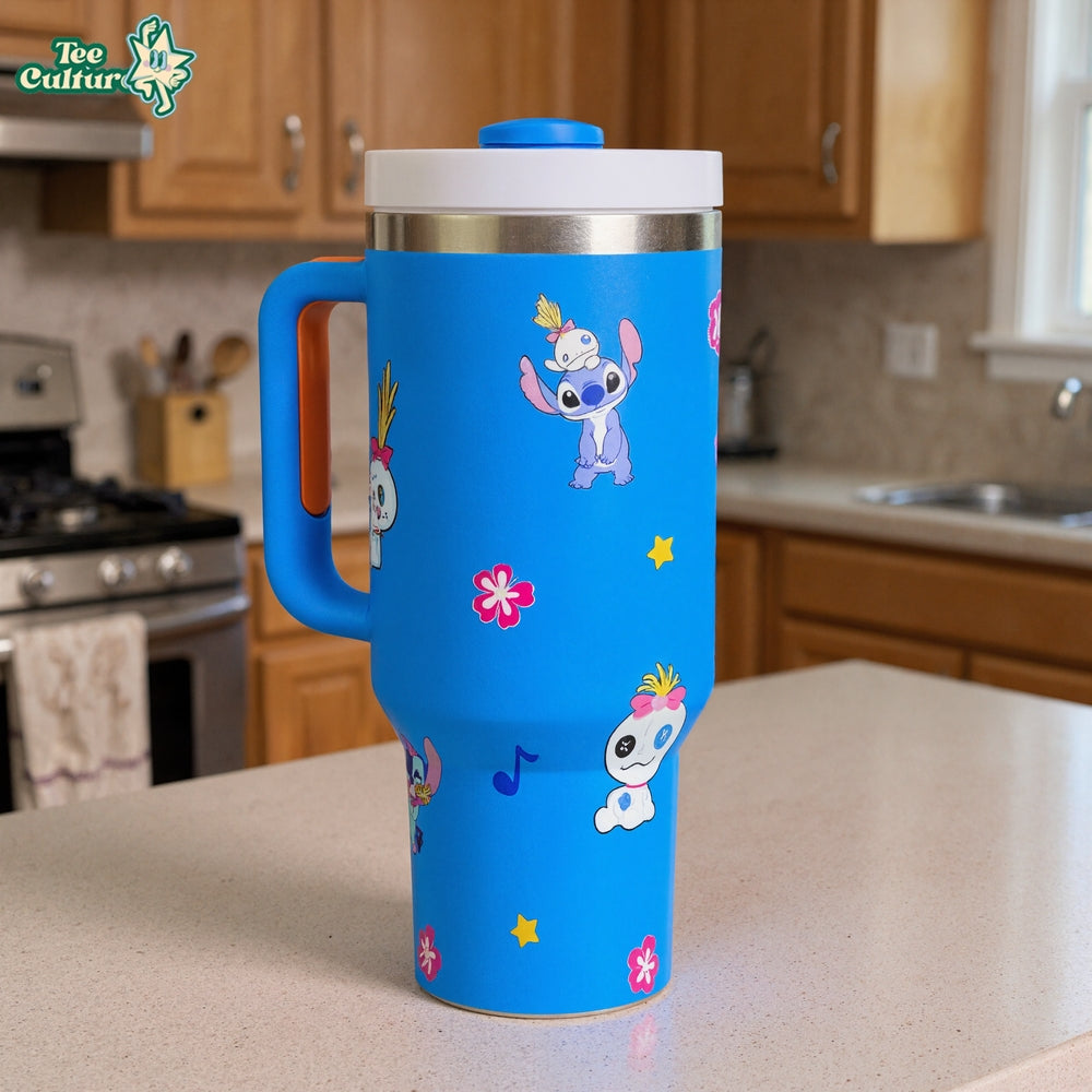 Stitch Cartoon Graphic Print 40oz Tumbler With Handle And Lid