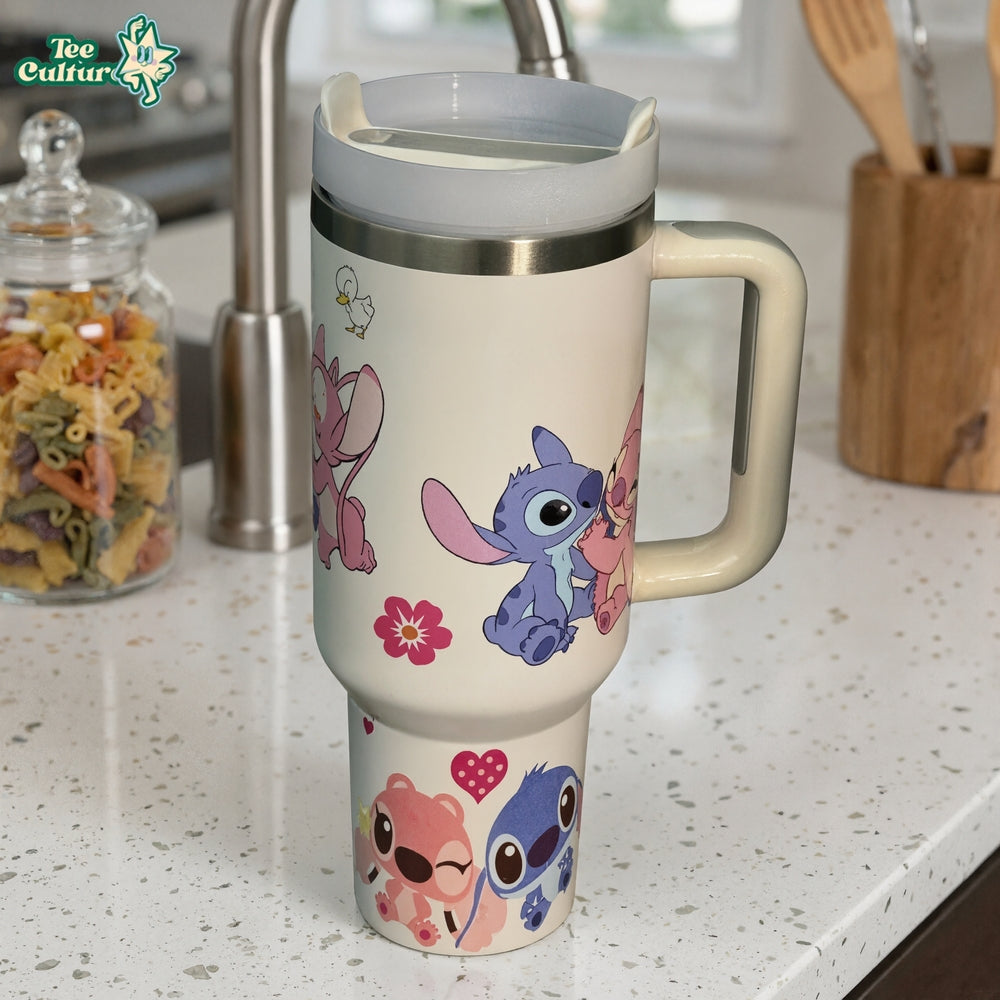 Stitch Cartoon Graphic Print 40oz Tumbler With Handle And Lid
