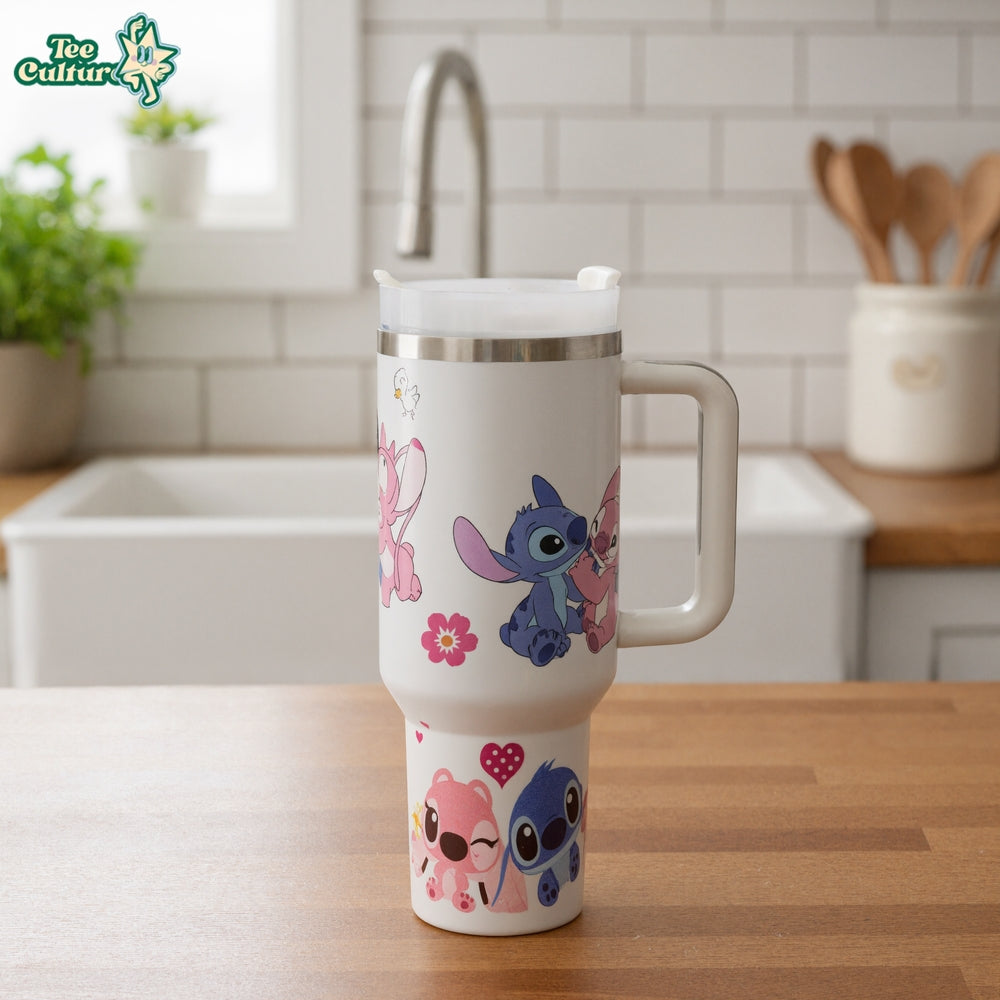 Stitch Cartoon Graphic Print 40oz Tumbler With Handle And Lid