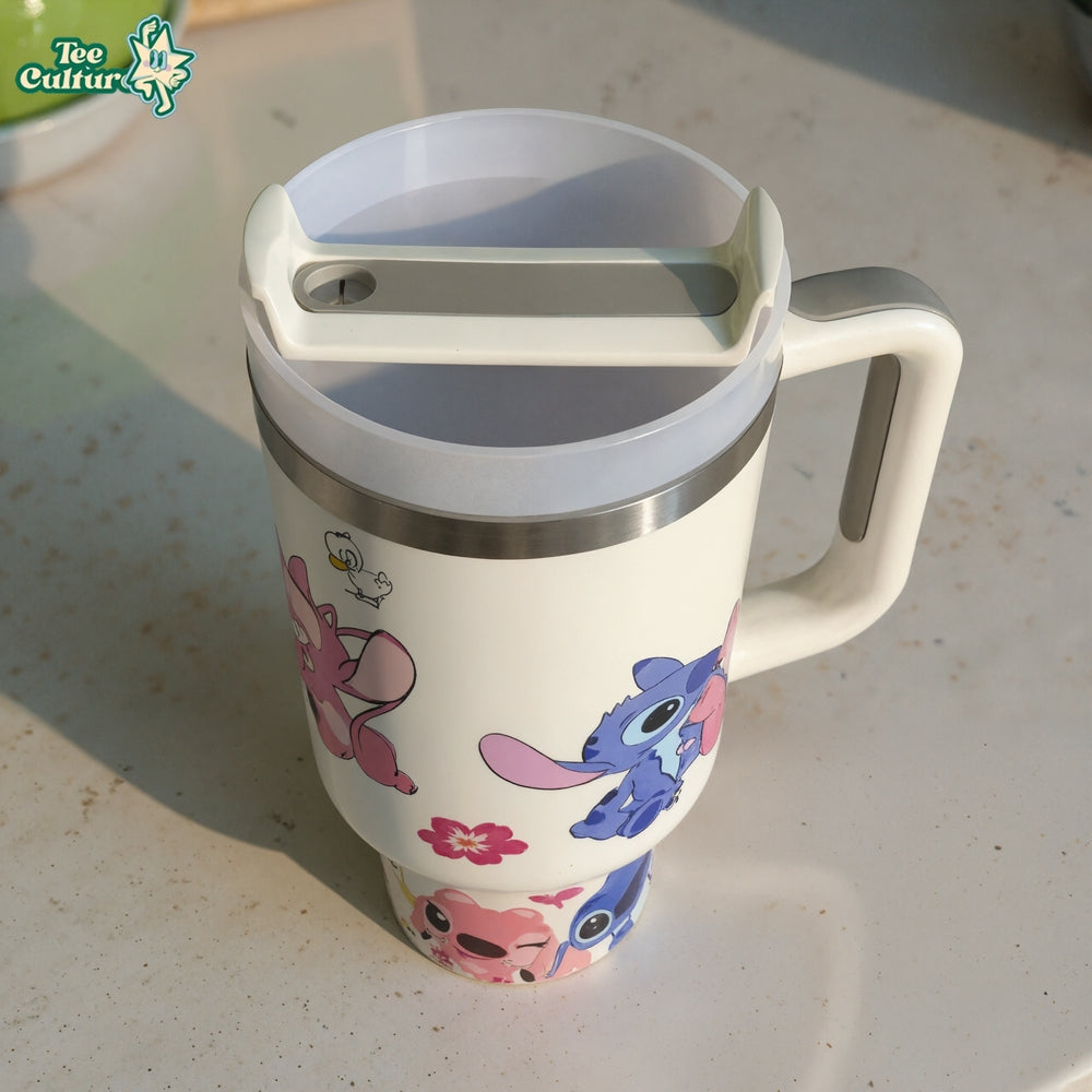Stitch Cartoon Graphic Print 40oz Tumbler With Handle And Lid