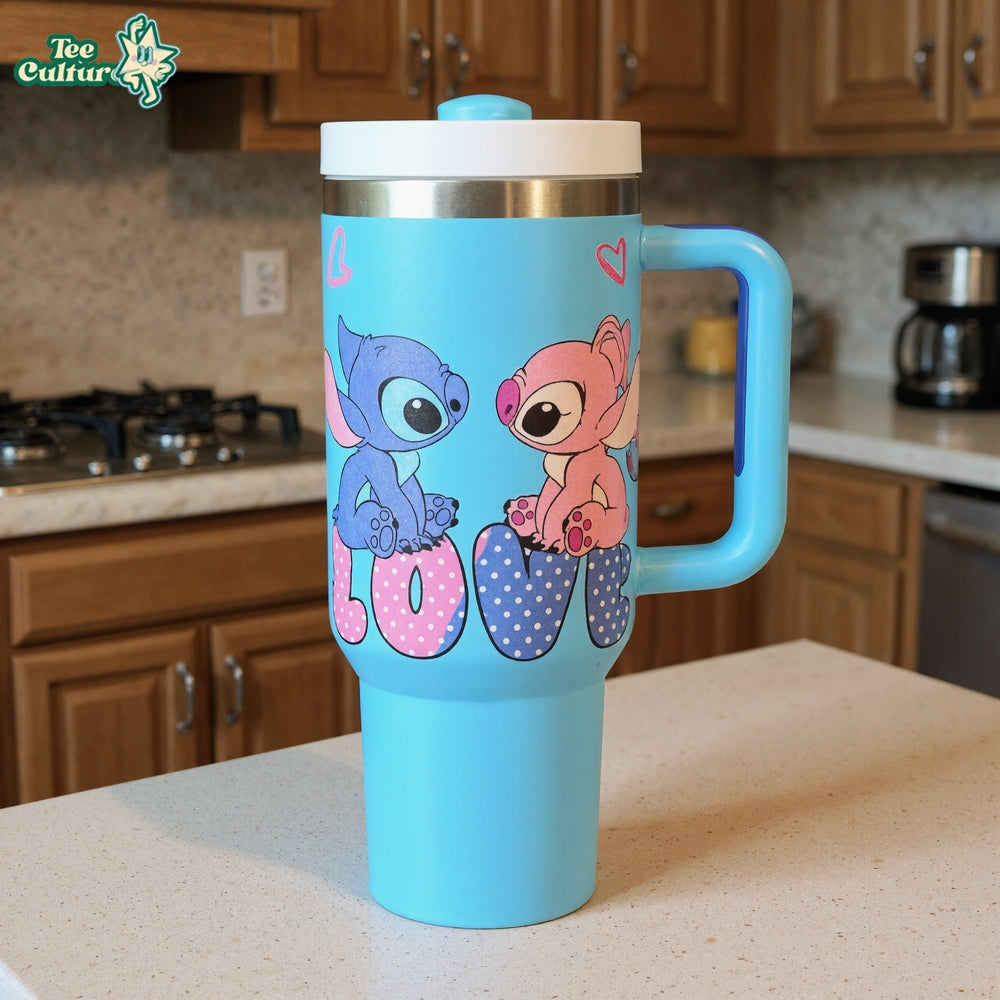 Stitch Cartoon Graphic Print 40oz Tumbler With Handle And Lid