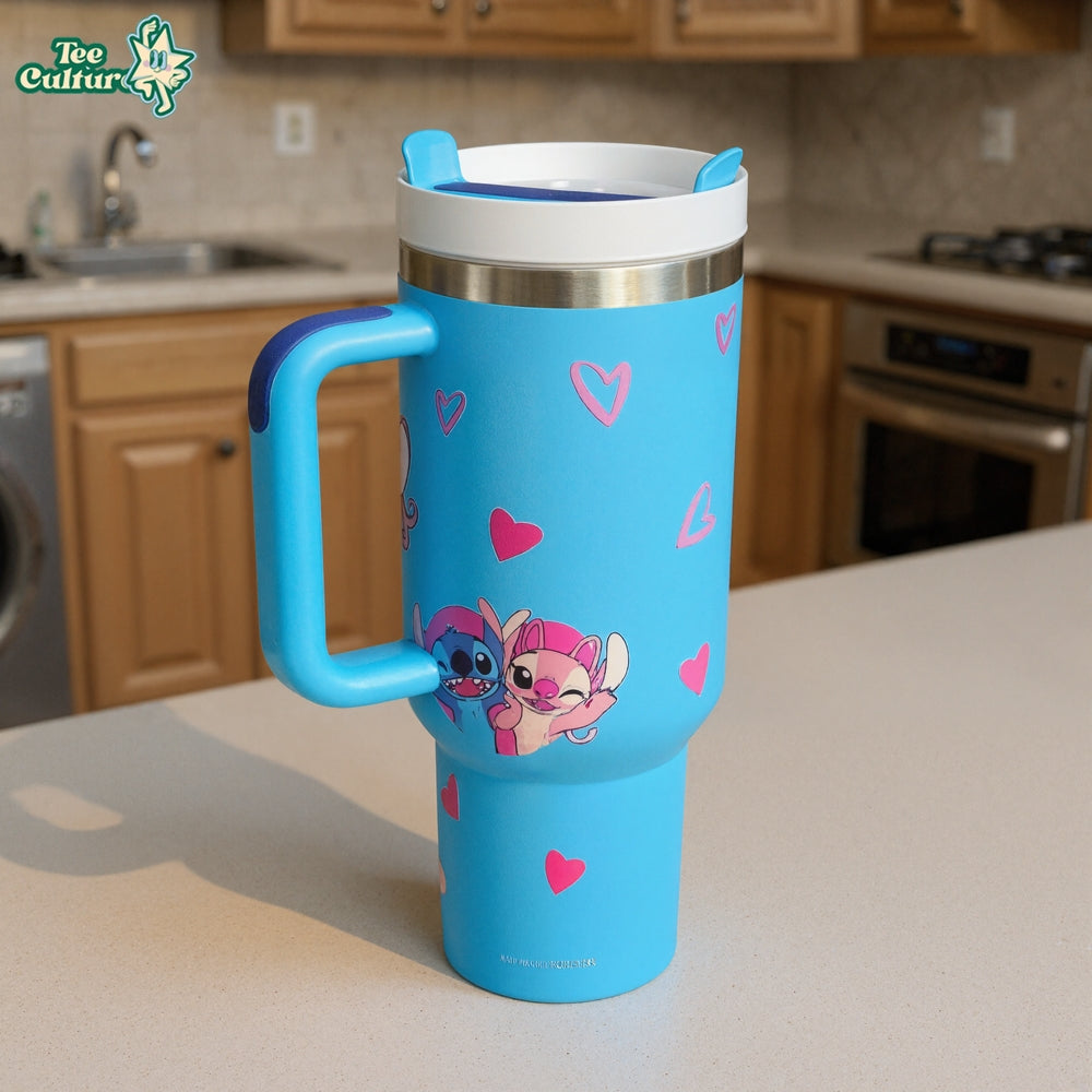 Stitch Cartoon Graphic Print 40oz Tumbler With Handle And Lid