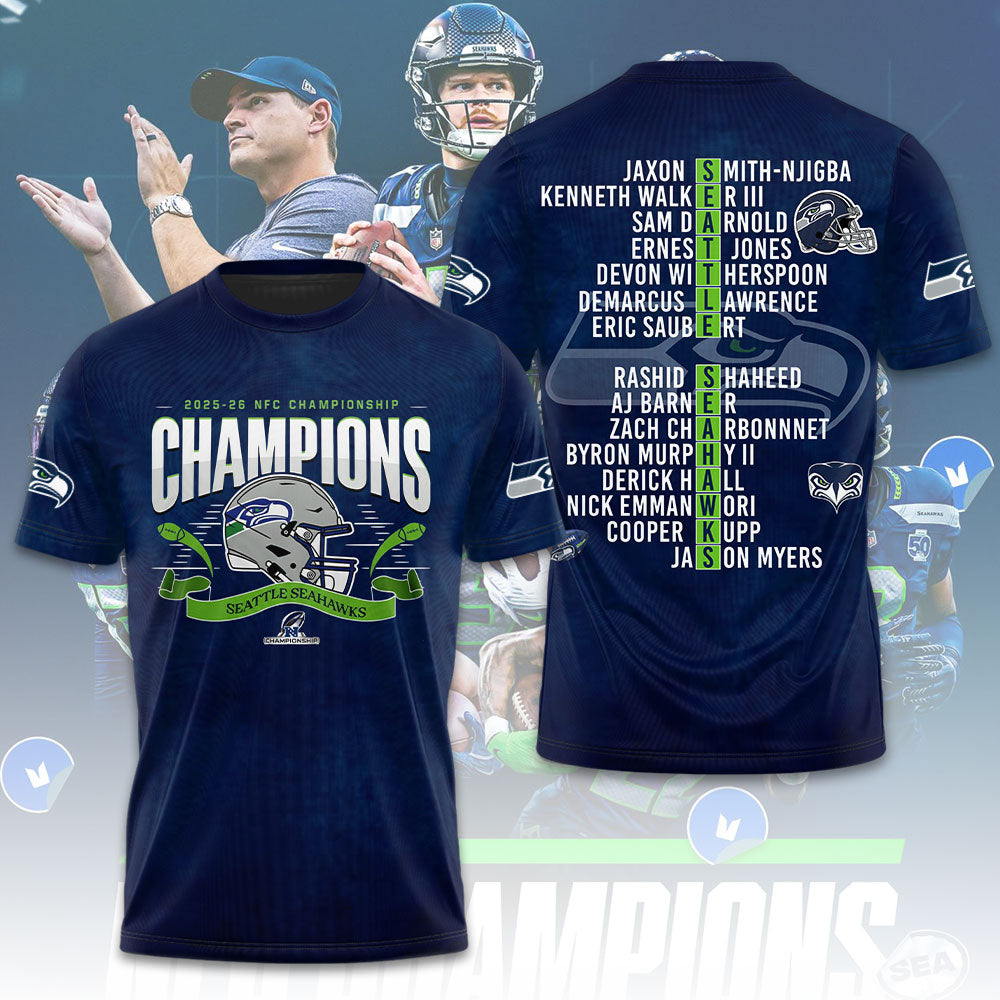 Seattle Seahawks 2025 NFC Champions 3D Apparel – TMTHU3467