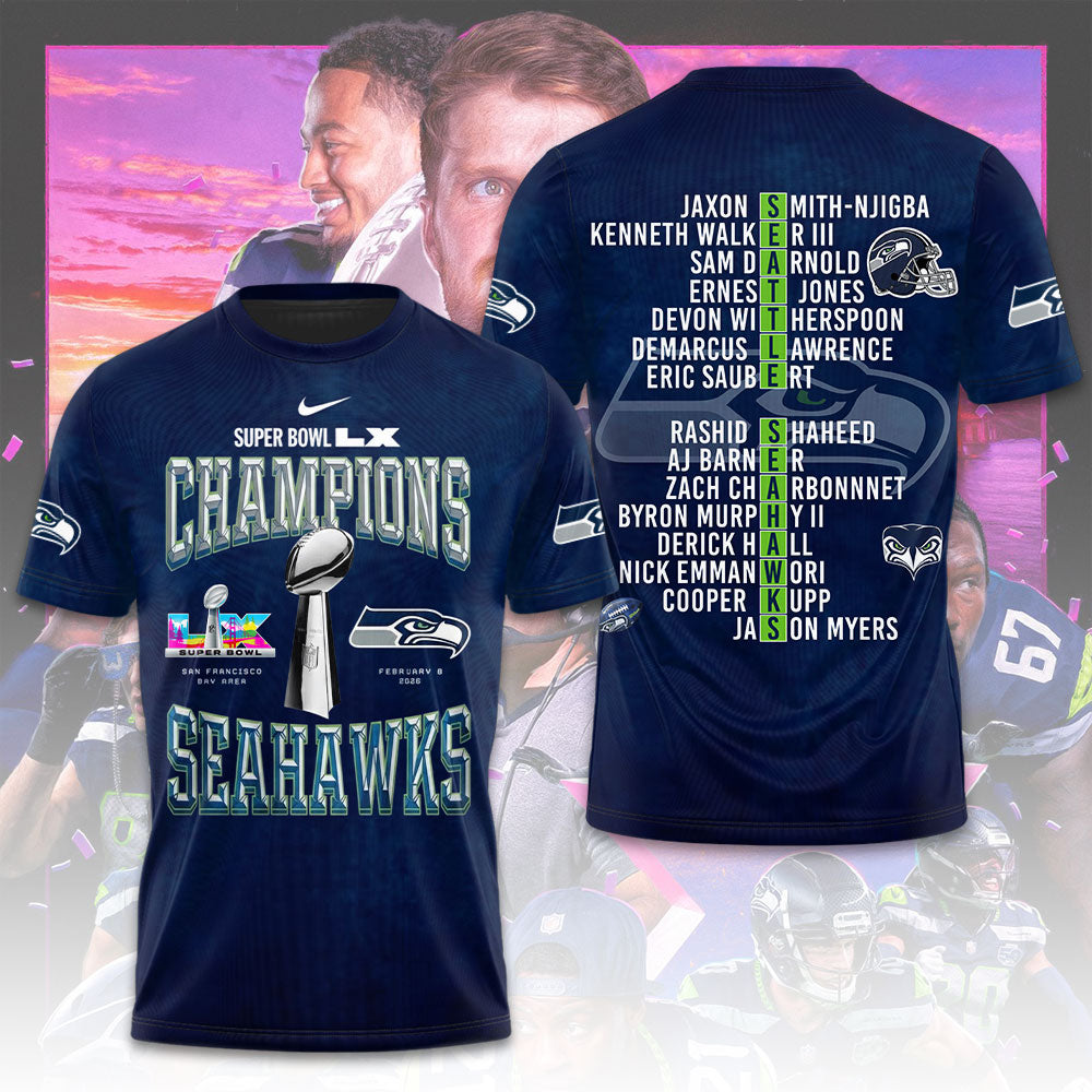 Seattle Seahawks 2025 Super Bowl LX Champions 3D Apparel – TMTHU3882