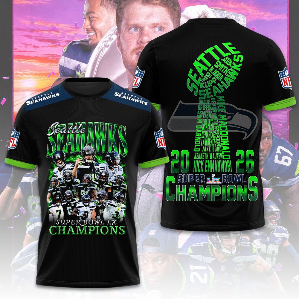 Seattle Seahawks 2x Super Bowl Champions 3D Apparel – TMTHU3984