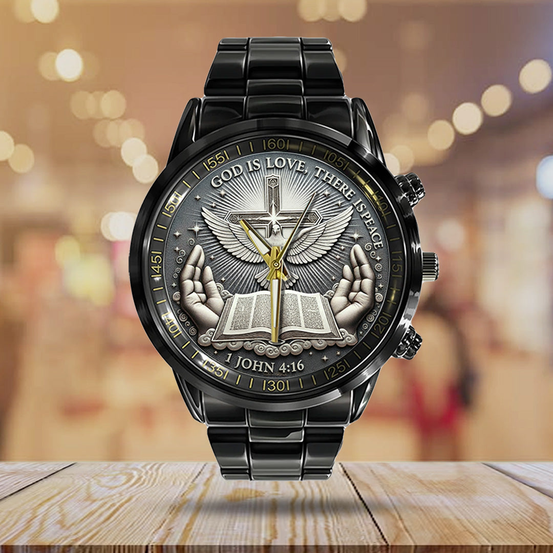 God Is Love, There Is Peace Black Stainless Steel Watch – TANTN17369