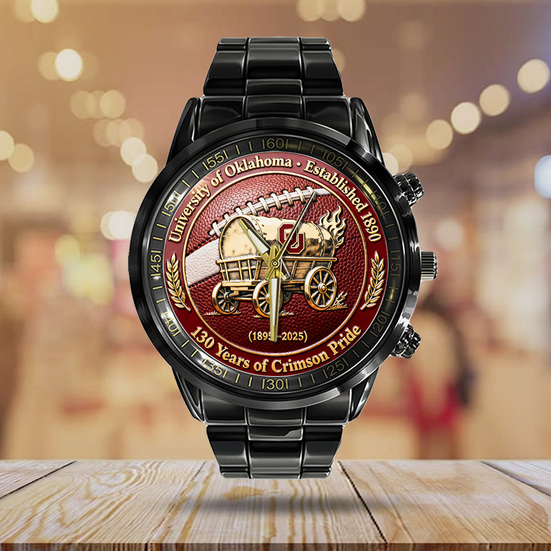 Oklahoma Sooners Football 130th Anniversary 2025 Black Stainless Steel Watch – TANTN17818