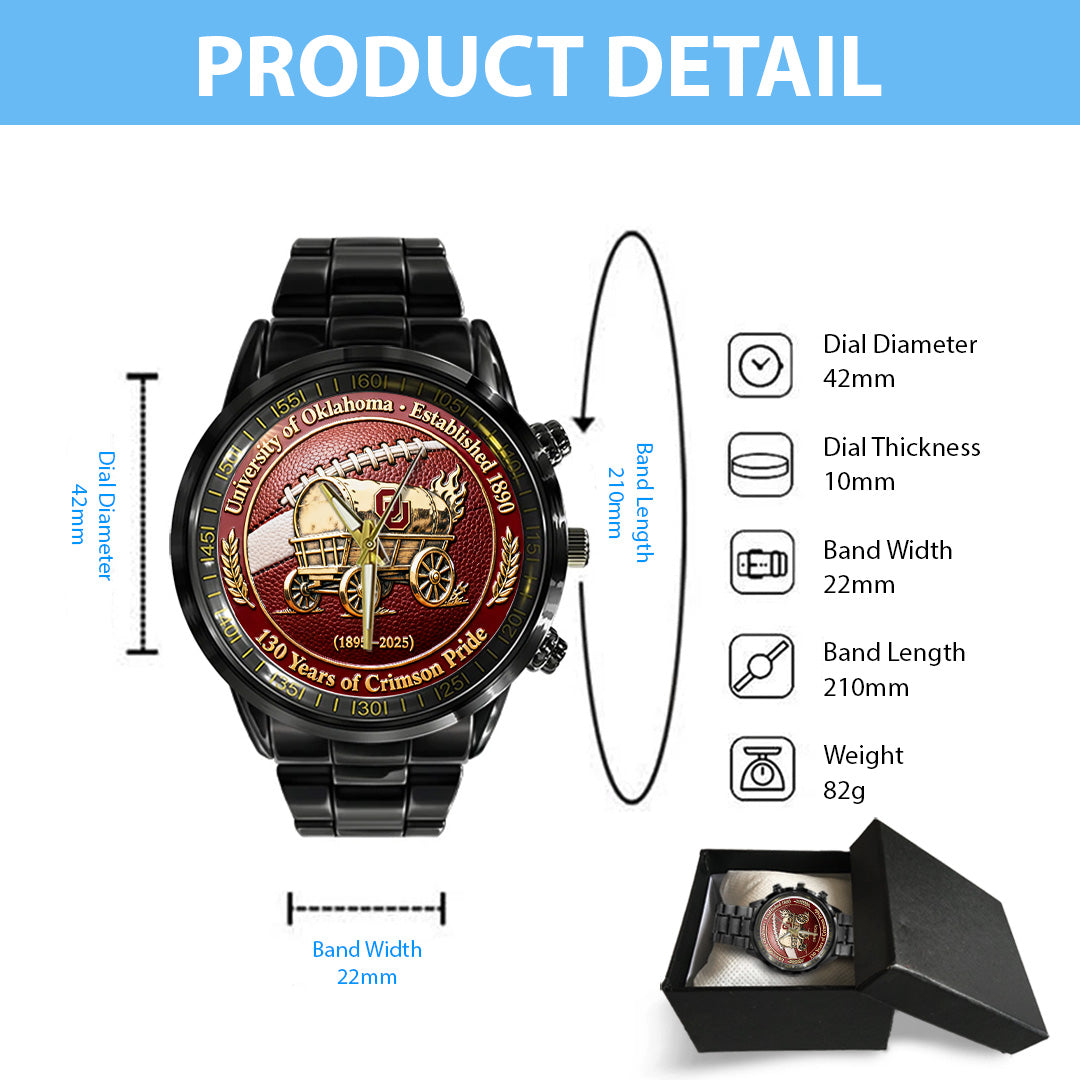 Oklahoma Sooners Football 130th Anniversary 2025 Black Stainless Steel Watch – TANTN17818