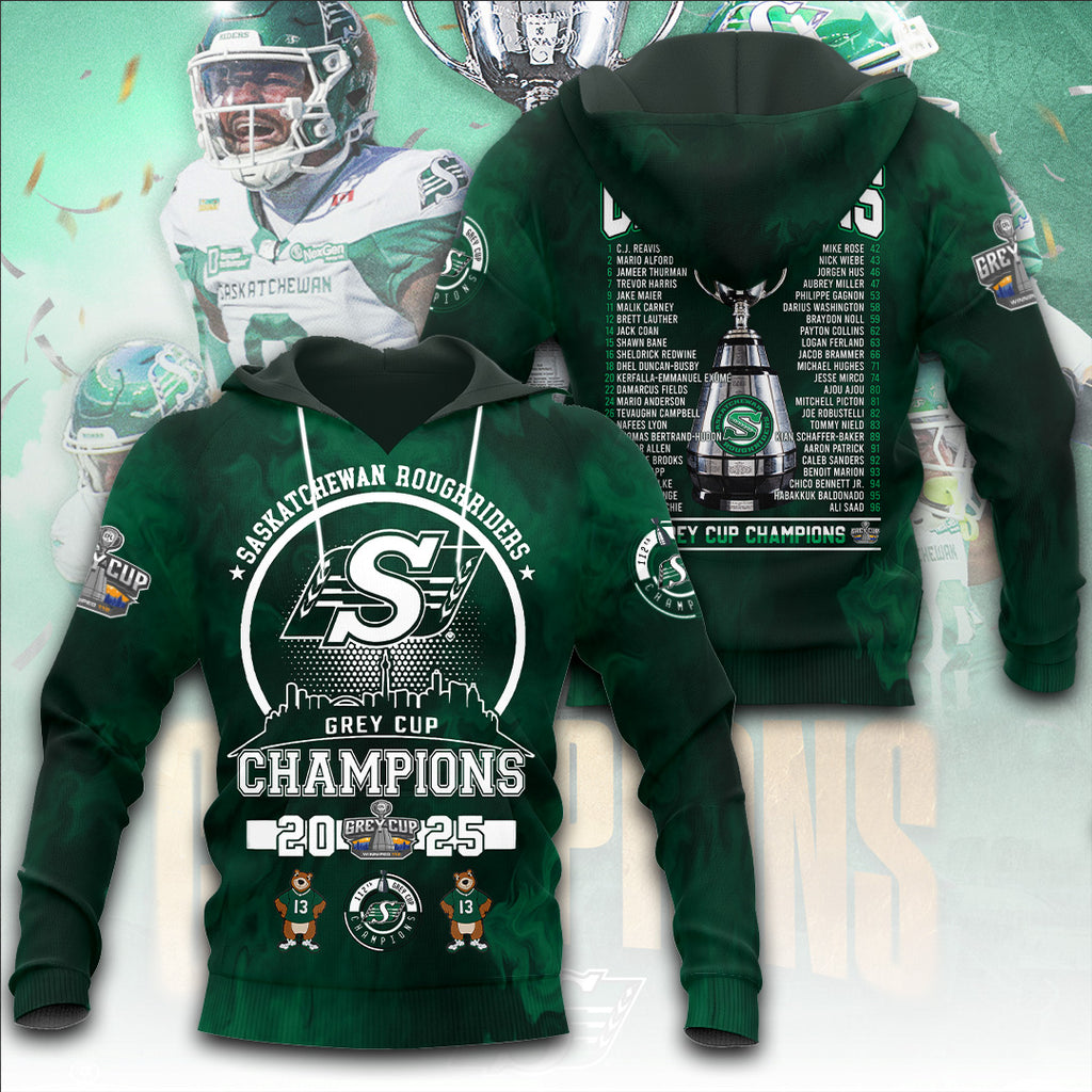 Saskatchewan Roughriders 2025 Grey Cup Champions 3D Apparel – TANTN18833