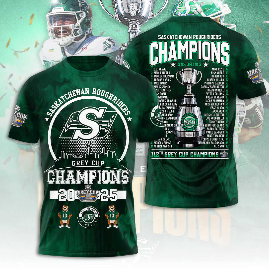 Saskatchewan Roughriders 2025 Grey Cup Champions 3D Apparel – TANTN18833