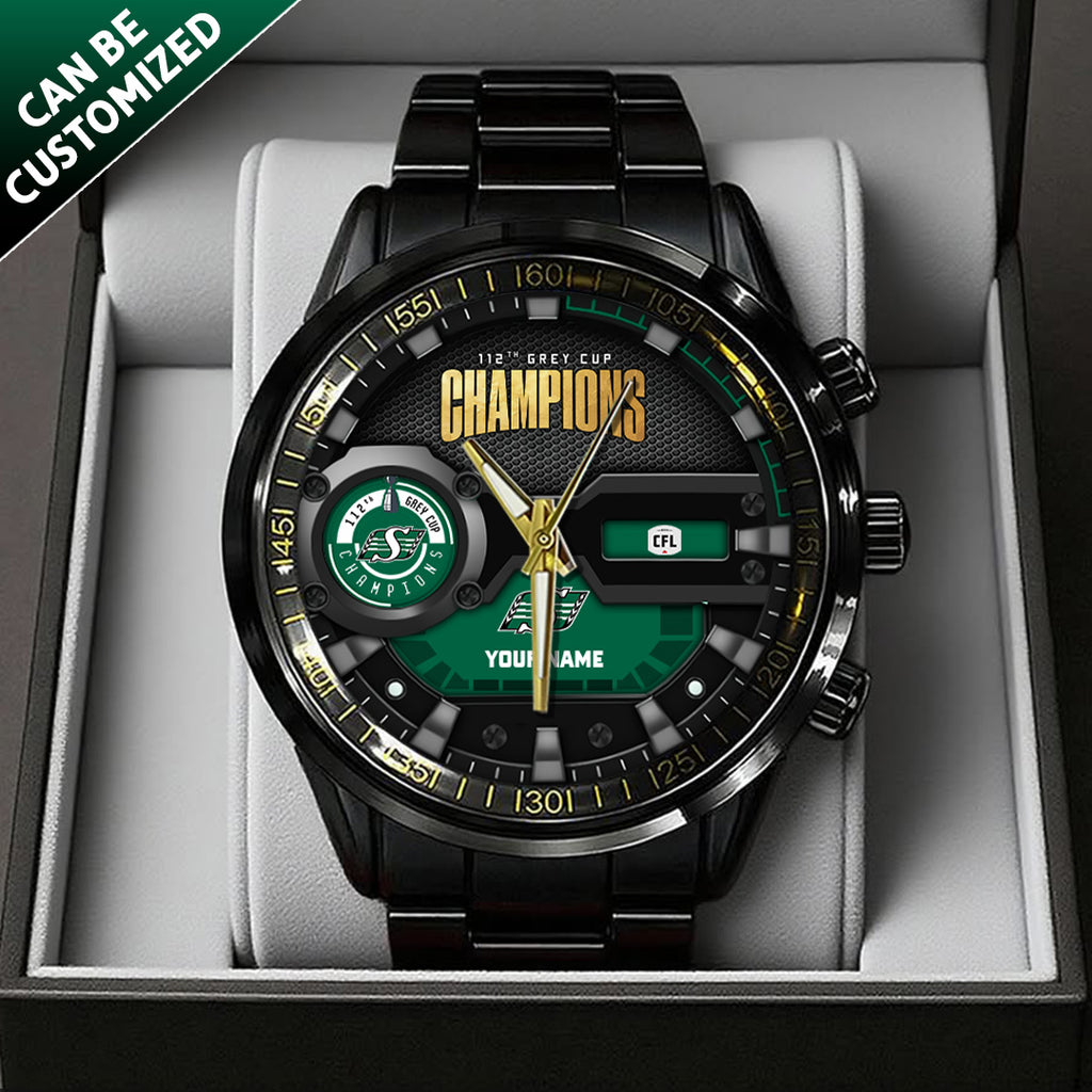 Personalized Saskatchewan Roughriders 2025 Grey Cup Champions Black Stainless Steel Watch – TANTN19017