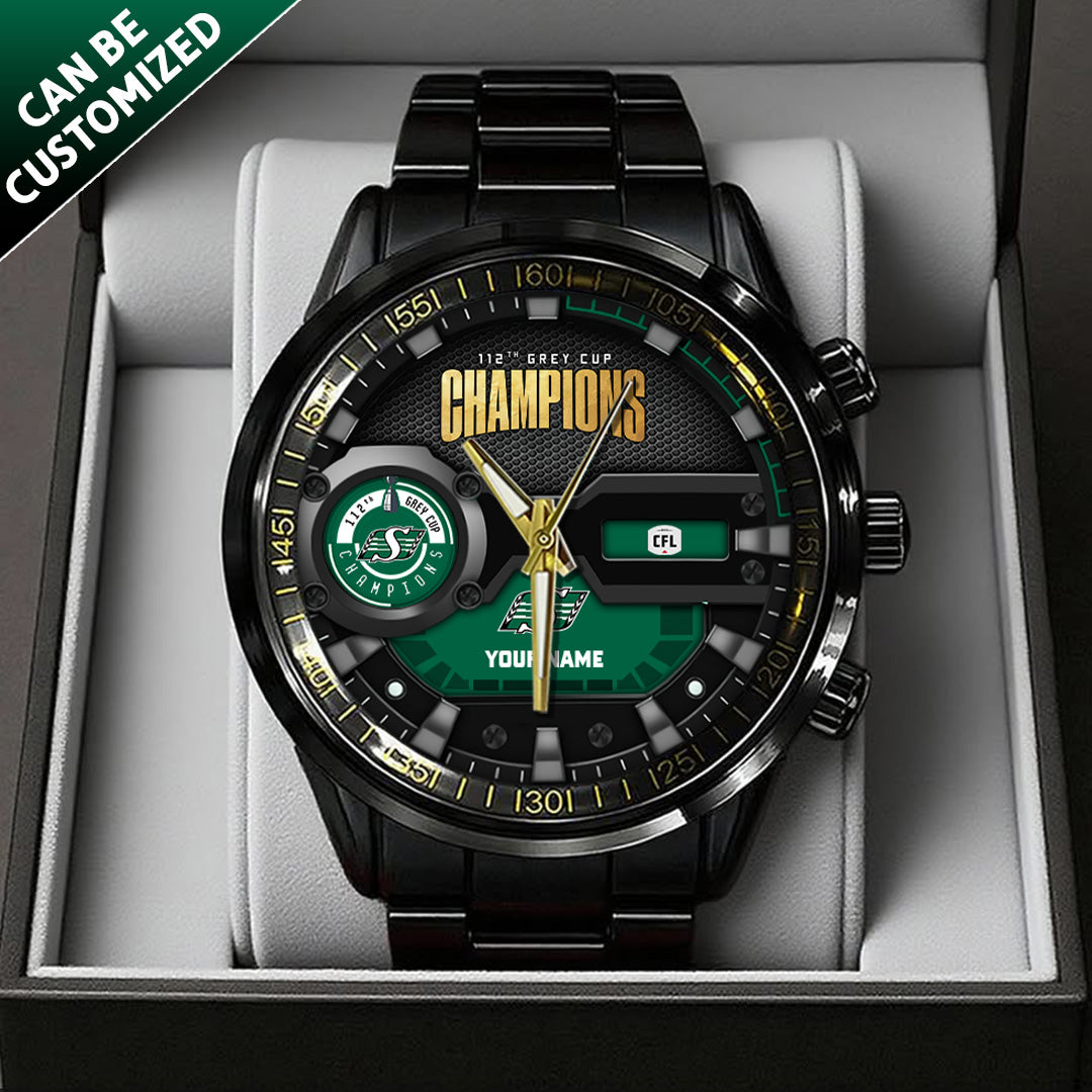 Personalized Saskatchewan Roughriders 2025 Grey Cup Champions Black Stainless Steel Watch – TANTN19017