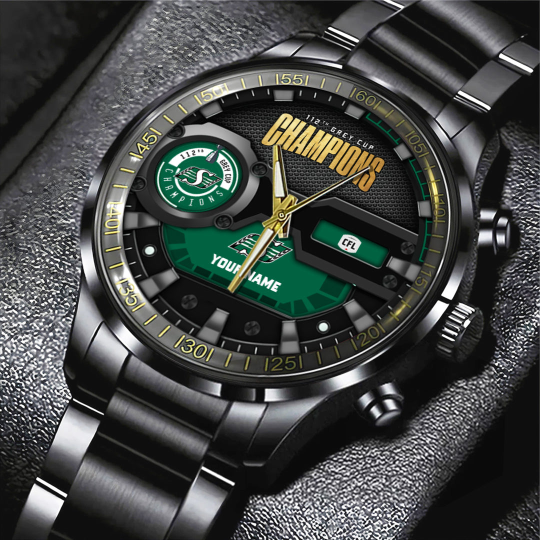 Personalized Saskatchewan Roughriders 2025 Grey Cup Champions Black Stainless Steel Watch – TANTN19017