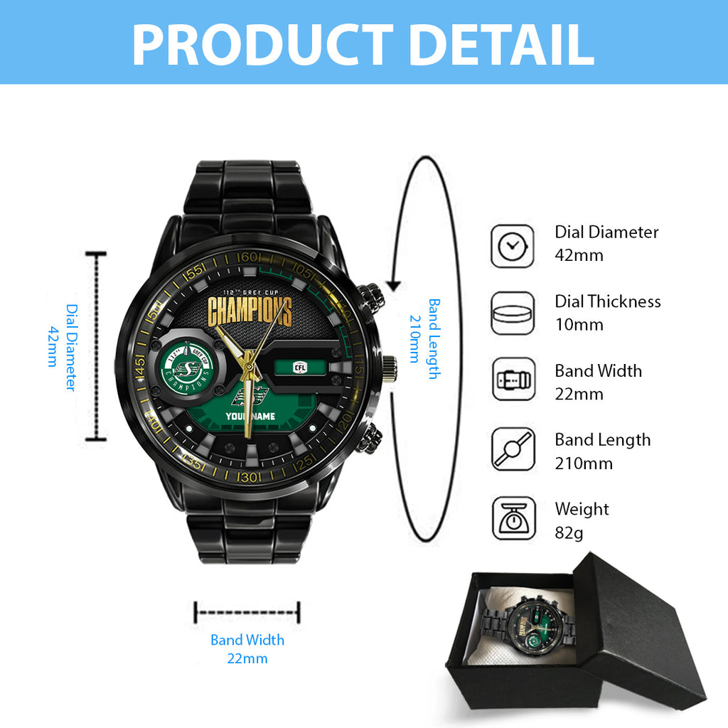 Personalized Saskatchewan Roughriders 2025 Grey Cup Champions Black Stainless Steel Watch – TANTN19017