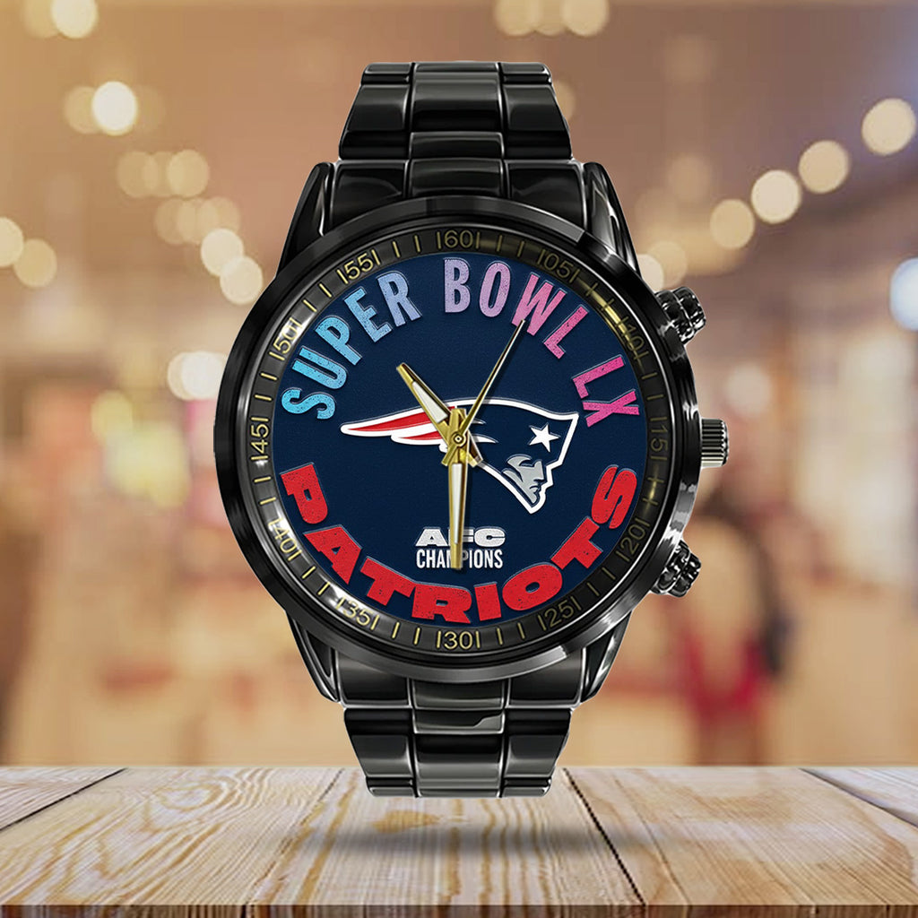New England Patriots 2025 AFC Champions Black Stainless Steel Watch – TANTN20641