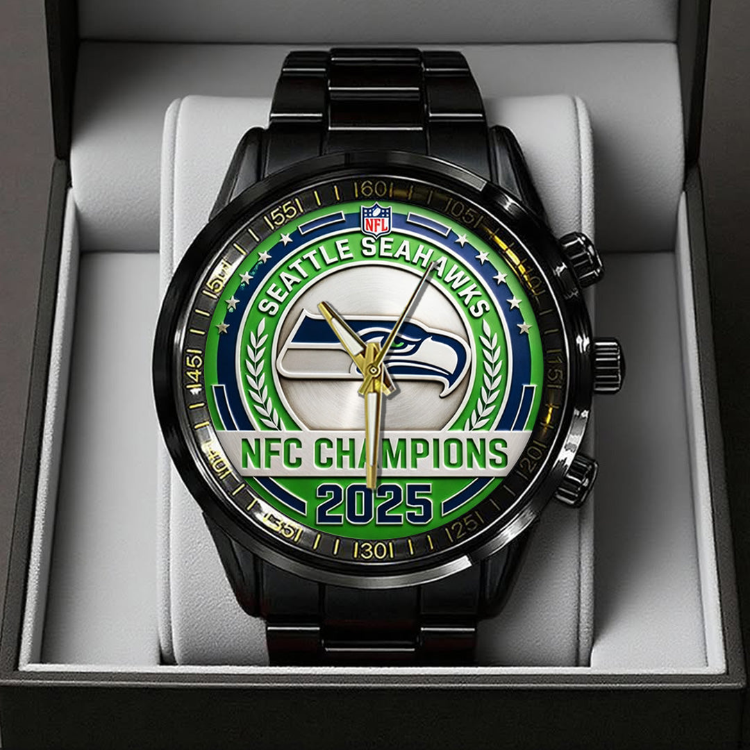 Seattle Seahawks 2025 NFC Champions Black Stainless Steel Watch – TANTN20679