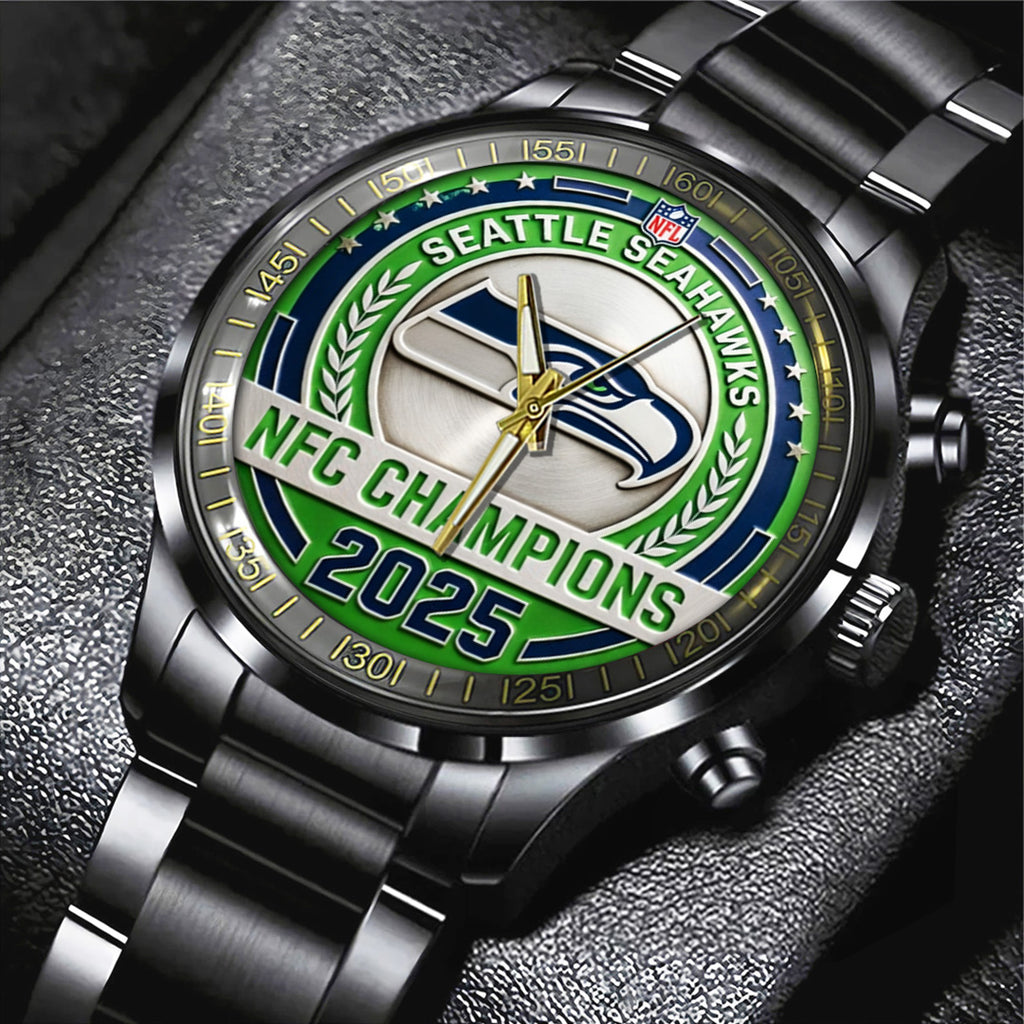 Seattle Seahawks 2025 NFC Champions Black Stainless Steel Watch – TANTN20679