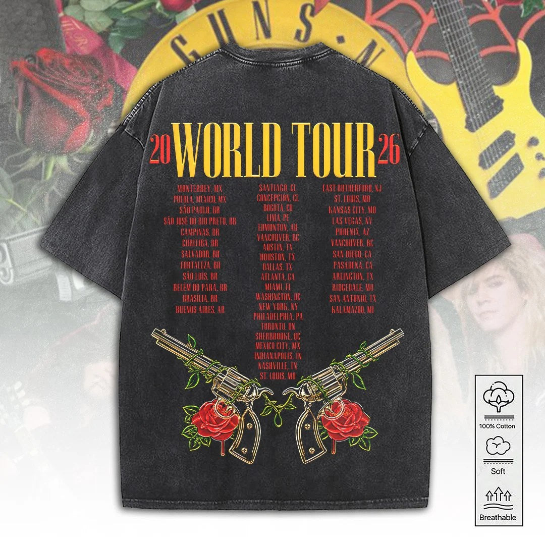 Guns N' Roses Tour 2026 2D Acid Washed Cotton T-Shirt – TANTN25383