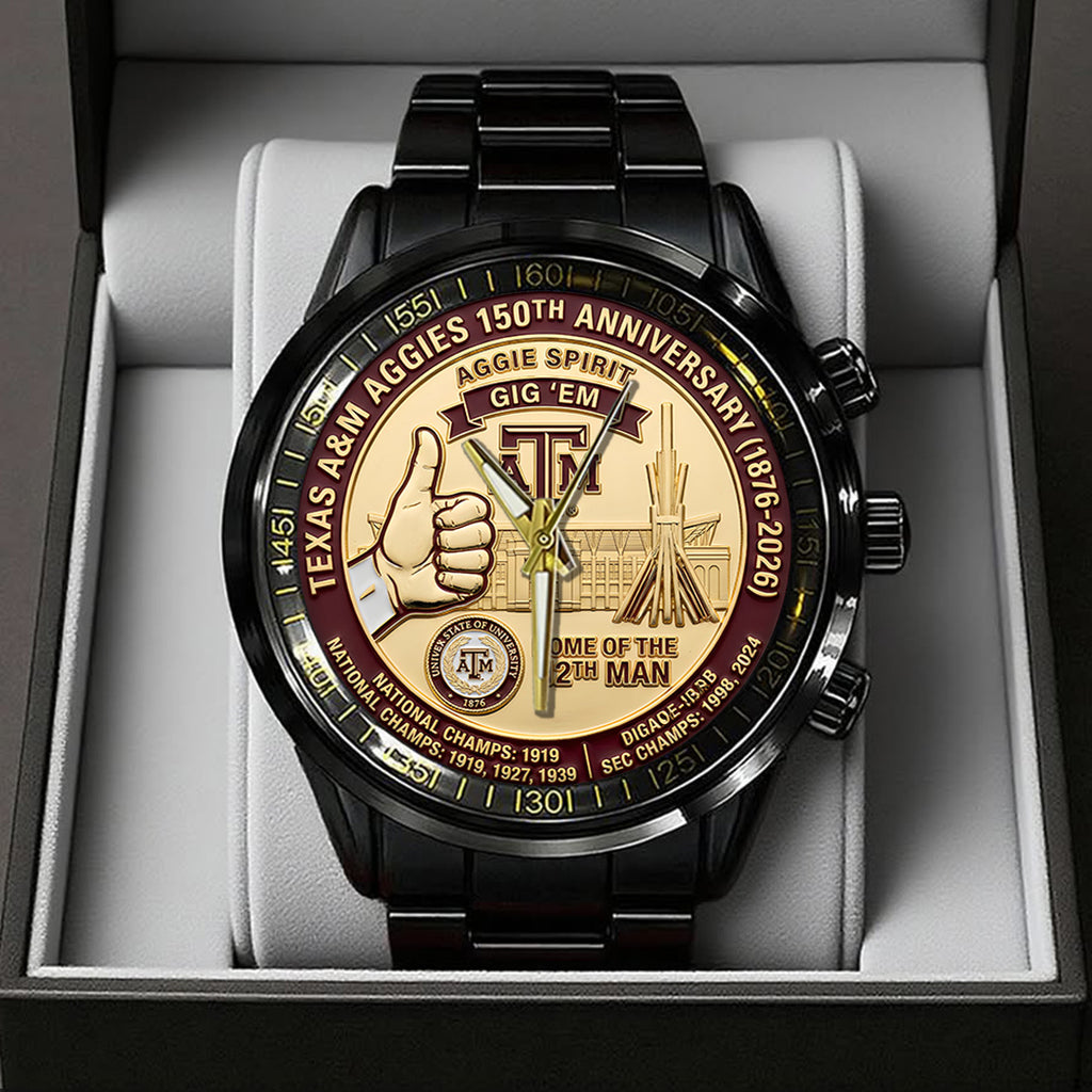 Texas A&M Aggies Football 150th Anniversary 2026 Black Stainless Steel Watch – TANTN21315