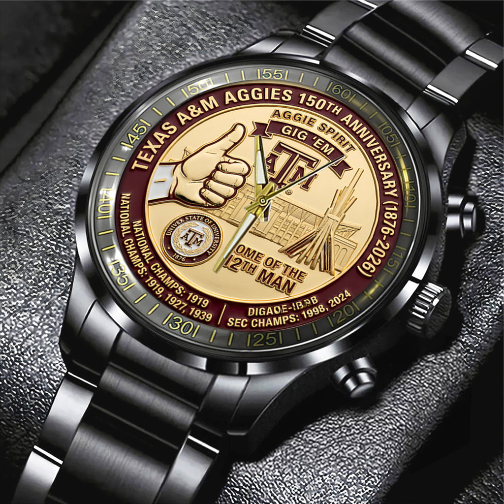 Texas A&M Aggies Football 150th Anniversary 2026 Black Stainless Steel Watch – TANTN21315