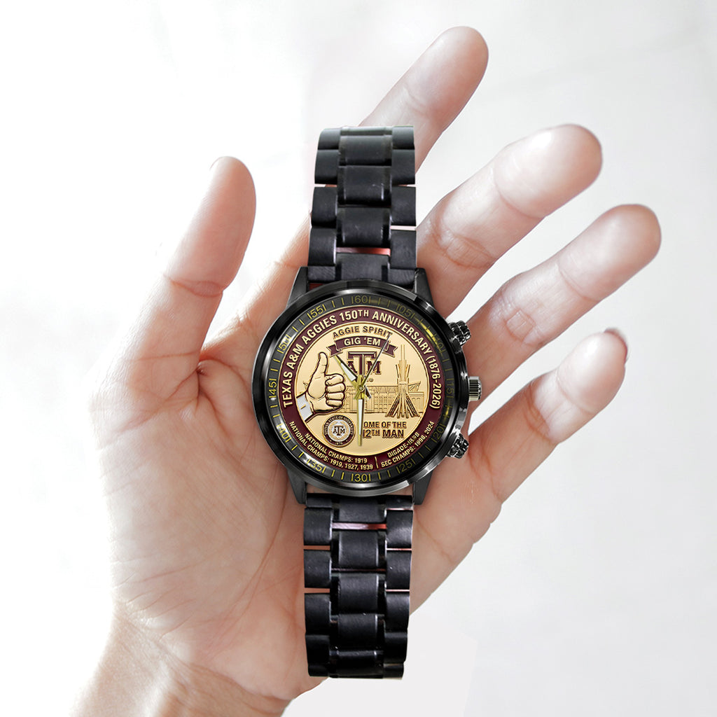 Texas A&M Aggies Football 150th Anniversary 2026 Black Stainless Steel Watch – TANTN21315