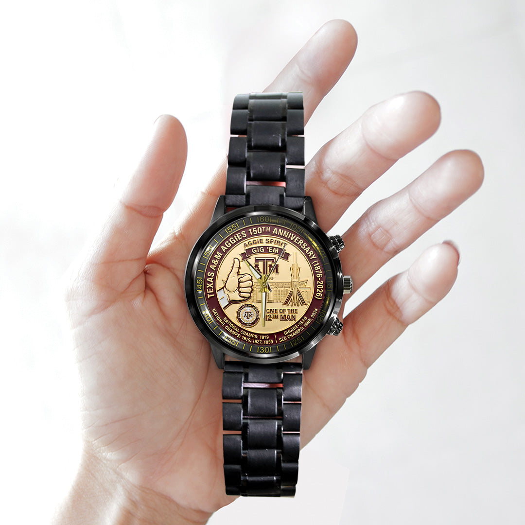 Texas A&M Aggies Football 150th Anniversary 2026 Black Stainless Steel Watch – TANTN21315