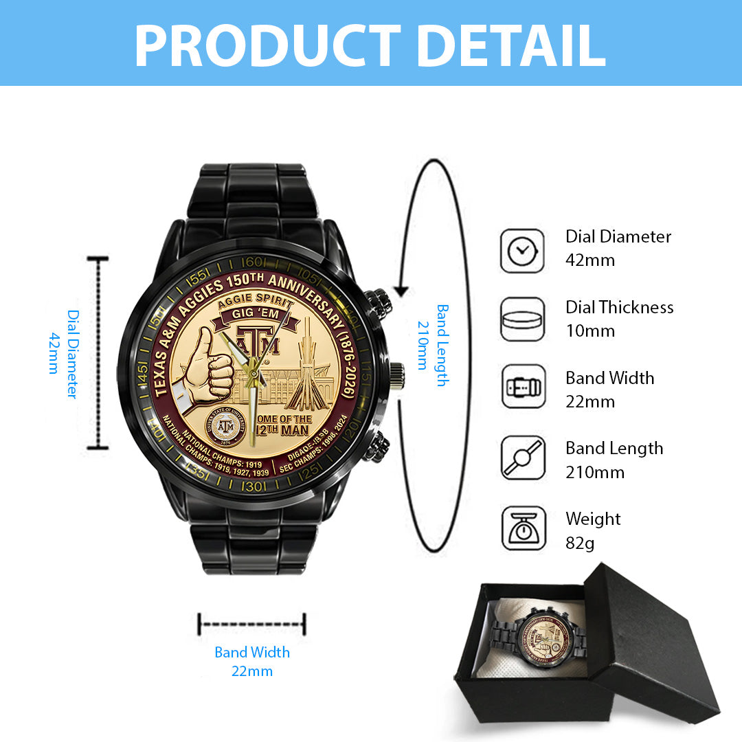 Texas A&M Aggies Football 150th Anniversary 2026 Black Stainless Steel Watch – TANTN21315