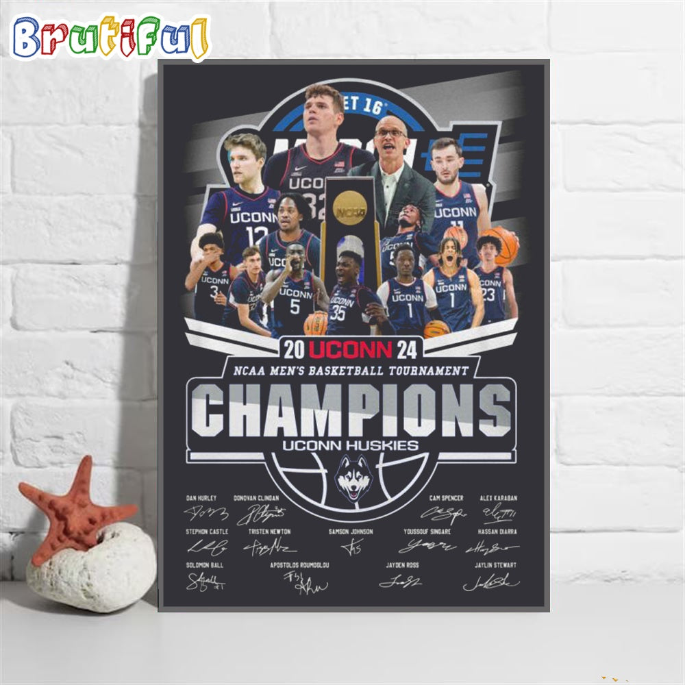 Unconn Huskies 2024 NCAA Mens’ Basketball Tournament Champions Wall Art Poster Canvas