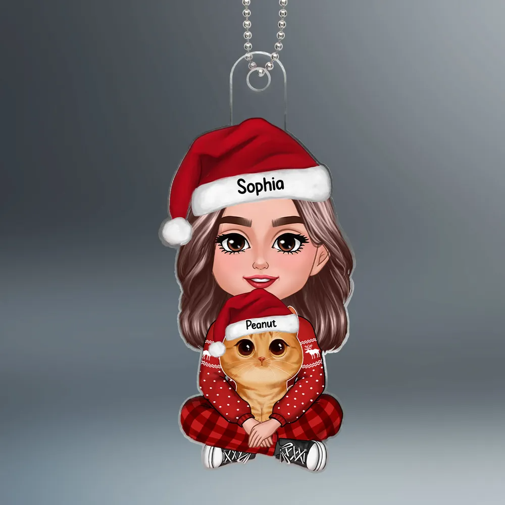 Woman Holding Cute Fluffy Cat - Custom Shaped Acrylic Ornament - Christmas Gift for Cat Lovers, Pet Lovers, Cat Mom