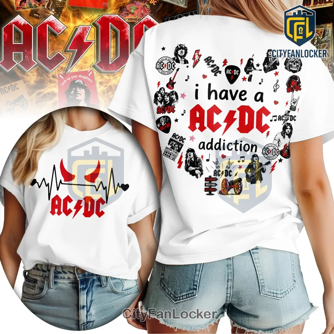 AC/DC Addiction Heartbeat White Rock Band Graphic T-Shirt