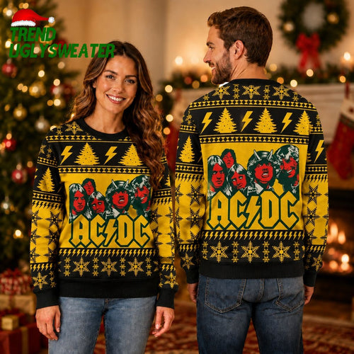 ACDC Band Funny Graphics Snowflakes And Thunder Pattern Knitted Black And Yellow Christmas Ugly Sweater - Unique Gifts For Every Occasion